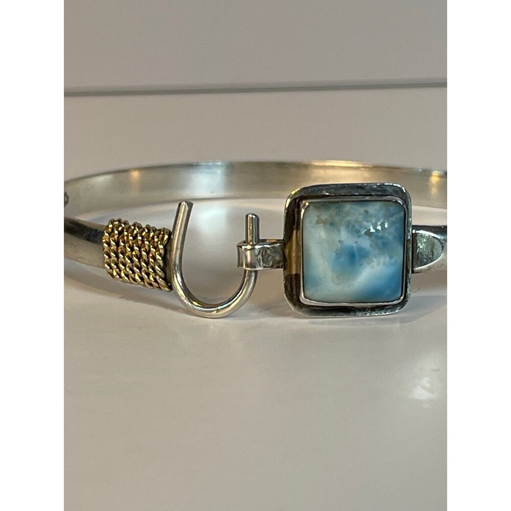 925 Sterling Silver Larimar Bracelet 14K Gold Rope Accent Cuff - Picture 3 of 11